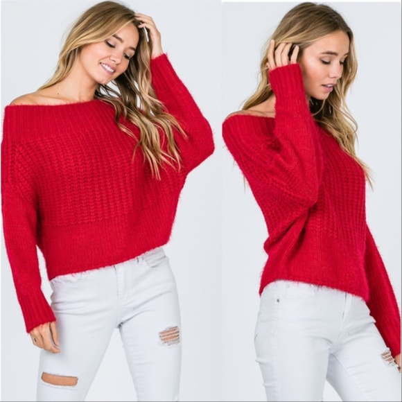 MODA ME COUTURE Sweaters - EVELYN Fuzzy Off Shoulder Sweater -RED